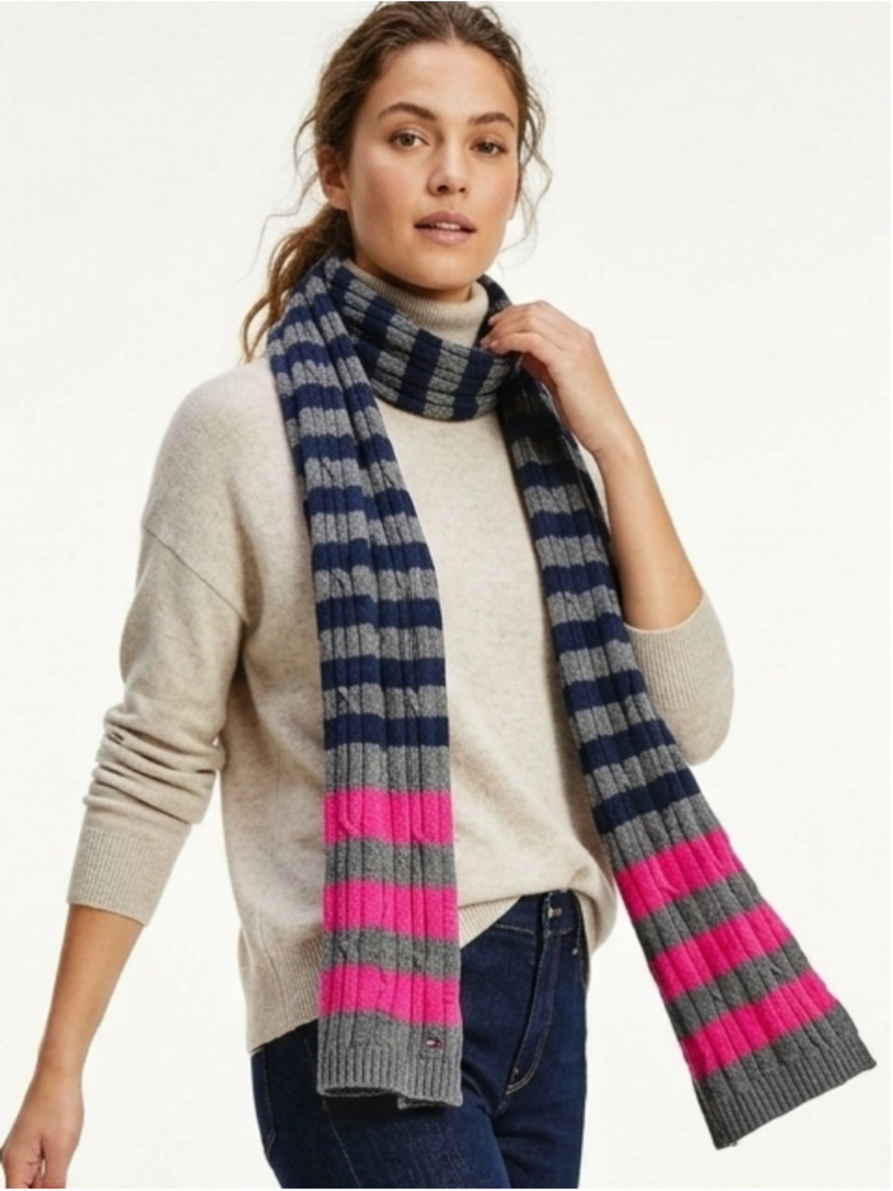 Tommy Hilfiger Cable Knit Scarf Striped Pink Navy Grey Logo Cozy Winter Prep 956